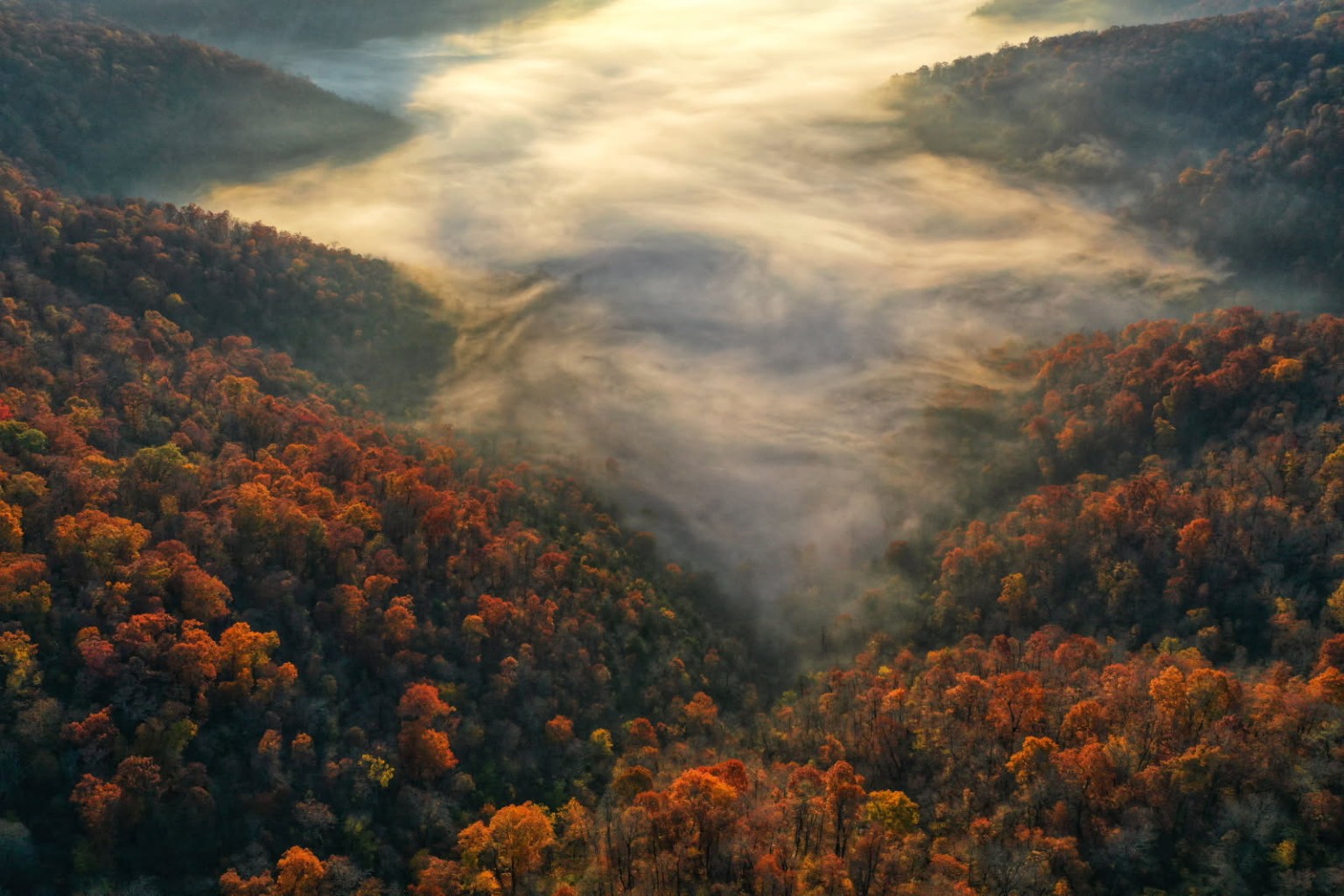 Aerial view of an Arkansas valley in autumn
