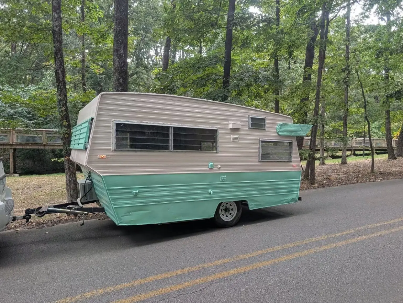 Turquoise vintage Shasta camper surrounded by Arkansas woods